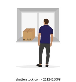 A male character looks out the window while a closed cardboard box stands on the windowsill