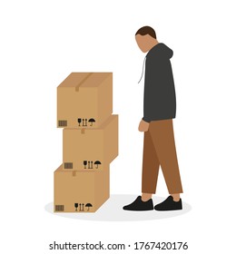 Male character looks at a pile of cardboard boxes on a white background