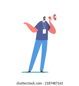 Male Character with Loudspeaker. Public Relations, Affairs Concept. Man Shouting to Megaphone Promote Alert Advertising Campaign, Promoter Propaganda Speech, Pr. Cartoon People Vector Illustration