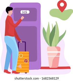 Male character with luggage near hostel door and geo mark, concept and vector illustration on white background. Hostel, motel, hotel door, exit and entrance, pot with leaf. Cartoon style.