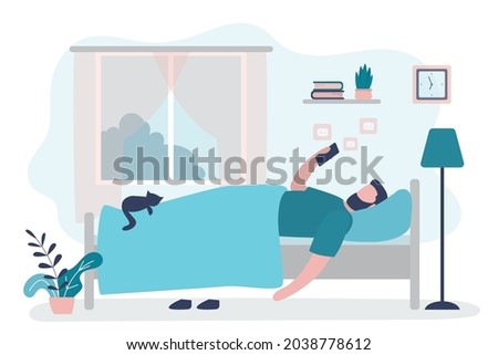 Male character lying in bed with phone. Man after waking up checks messages. Bedroom interior design. Guy communicates on social networks. Beginning of new day. Modern lifestyle. Vector illustration