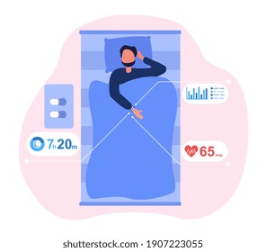 Male character is lying in bed with sleep app. Man is sleeping with wristband that analyses heart rate and sleep time. Flat cartoon vector illustration