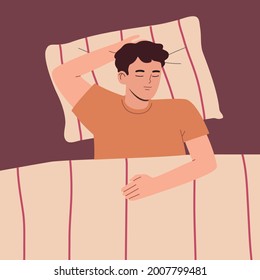 Male character lying in bed. Young man sleeping. Hand drawn vector cartoon style illustration