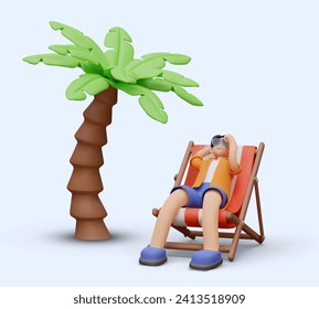 Male character is lying in deck chair under palm tree. Concept of vacation in tropical country. Summer vacation near sea, ocean. Advertising poster on blue background