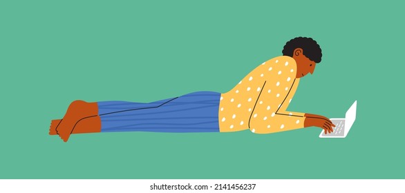 Male character lying down working on laptop. Man in pajamas relaxing on floor browsing internet, chatting social media, writing, shopping online. Work at home, freelance. Lifestyle vector illustration