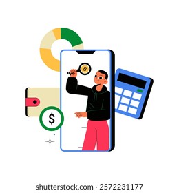 Male Character With Magnifying Glass And Bitcoin On Smartphone Screen In Flat Vector Illustration Symbolizing Cryptocurrency Analysis And Finance, Isolated On White Background