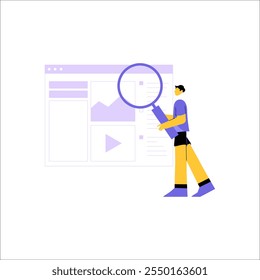 Male Character With Magnifying Glass Inspecting Web Interface In Flat Vector Illustration Symbolizing Research, Analysis, And Online Exploration, Isolated On White Background.