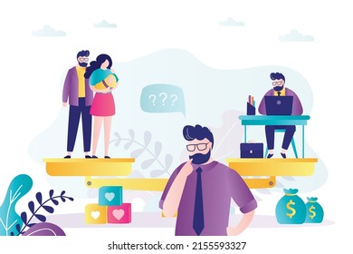 Male character makes difficult decision. Worker man chooses between family and career. Love couple and businessman on scales. Time management. Balance between leisure and work. Vector illustration
