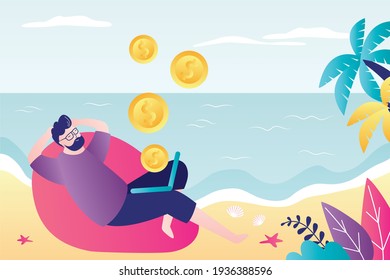 Male character makes money online. Young businessman working on laptop. Financial freedom and remote work. Freelancer earn passive income on vacation. Sea view. Trendy flat vector illustration