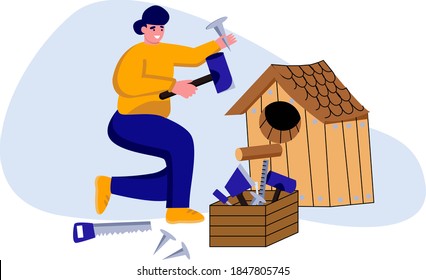 Male Character Making Birdhouse.  Man Make House For Birds Of Wood. Cute Flat  Illustration. Male Hobby Carpentry Or Construction Birdhouse Building Isolated Character