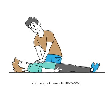 Male Character Making Heart Massage to Man Victim Lying on Floor. CPR First Aid Help, Nursing Training, Cardiopulmonary Resuscitation Medical Care, Medicine Practice. Linear People Vector Illustration