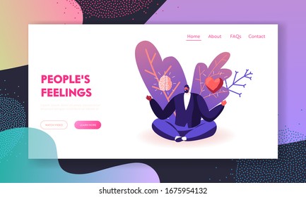 Male Character Making Life Decision Landing Page Template. Young Man Sitting in Meditative Lotus Posture with Brain and Heart in his Hands Choose between Feelings and Mind. Cartoon Vector Illustration