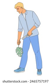 Male character man with garden shears and a monstera leaf takes care of indoor plants