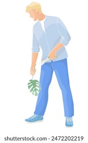 Male character man with garden shears and a monstera leaf takes care of indoor plants