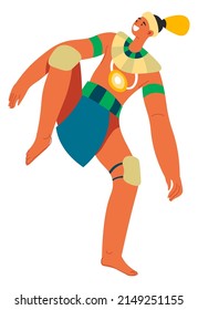 Male character of maya or inca civilization, isolated aztec man wearing traditional typical clothes with feather, ribbons and ornaments. Man dancing or performing ritual. Vector in flat style