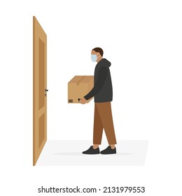 A male character in a medical mask and with a cardboard box in his hands stands in front of a closed door on a white background