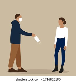 Male character in medical mask gives a mask to female character