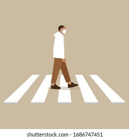 Male character in medical mask goes on a crosswalk