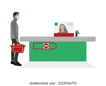 A male character in a medical mask and with a grocery basket in his hand stands near the cash register on a white background