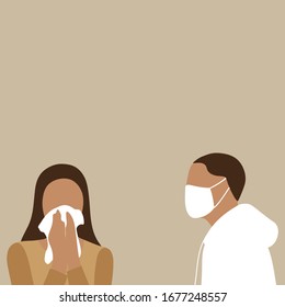 Male character in medical mask looks at a female character with a handkerchief