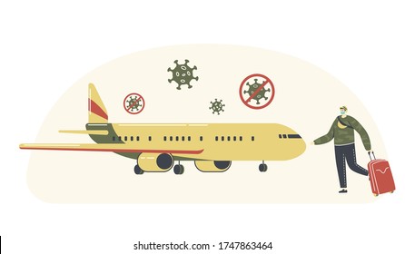 Male Character in Medical Mask with Luggage Boarding on Airplane with Coronavirus Cells Fly. Traveler Go to Aircraft, Passenger Board to Jet in Airport Pandemic Time Travel. Linear Vector Illustration