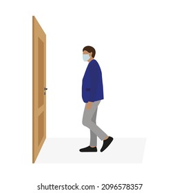 Male character in a medical mask stands in front of a closed door on a white background