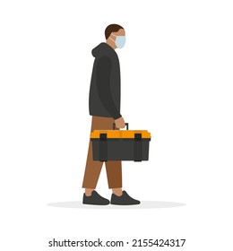 A male character in a medical mask and with a tool box in his hand stands on a white background