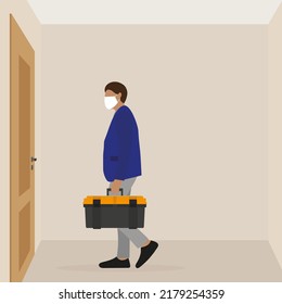 A male character in a medical mask and with a tool box in his hand stands in front of a closed door