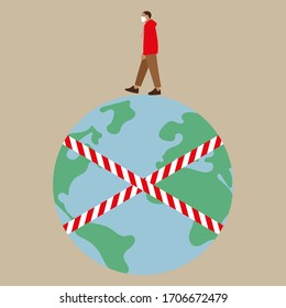 Male character in medical mask walks around the globe with a prohibition tape