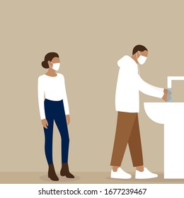 A male character in a medical mask washes his hands, and a female character is waiting in line