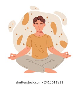 Male character meditating. Guy meditating in yoga lotus pose, calm, tranquility and meditation flat vector illustration. Relaxed man meditating