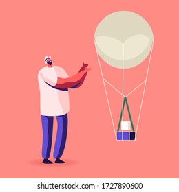 Male Character And Meteorology Probe On Air Balloon. Research, Probing, Monitoring Hurricane. Satellite Make Measurements Of Weather Parameters Above The Earth, Radiosonde. Cartoon Vector Illustration