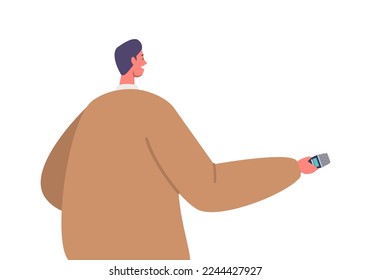 Male Character with Microphone Rear View Isolated on White Background. Journalist Interviewing, Visiting Press Conference or Briefing for Live News Reportage. Cartoon People Vector Illustration