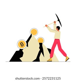 Male Character Mining Bitcoin On A Mountain With A Pickaxe In Flat Vector Illustration Symbolizing Cryptocurrency Mining, Isolated On White Background.