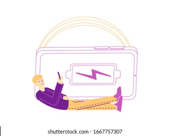 Male Character with Mobile Phone in Hands Lying at Huge Wireless Charger. Man Using Innovative Modern Electronic Equipment with Wifi Connection for Fast Gadgets Charging. Linear Vector Illustration