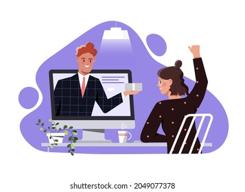Male character from a monitor holds out a wad of money to a happy woman. Concept of earnings on the internet, online income and gambling. Flat cartoon vector illustration