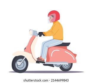 Männlicher Motorradfahrer, Langläufer oder Kurierfahrer Retro Scooter einzeln auf weißem Hintergrund. Man trägt Helm Fahrrad, Motorradtransport. Vektorgrafik von Cartoon People