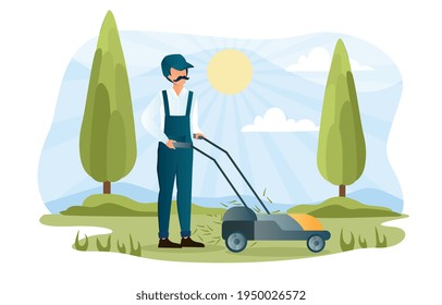 Male character is mowing lawn in park. Concept of landscaping service worker, gardener. Man with mustache in overall working with lawnmower. Grass trimming, gardening. Flat cartoon vector illustration