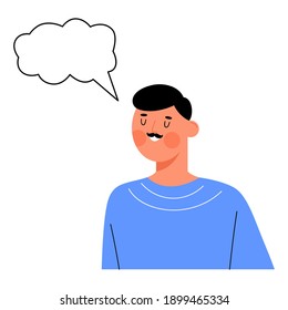 Male character with a mustache, blank speech bubble - Young man making announcement, thinking - Social media, virtual relationship - Space for text - Flat vector illustration isolated