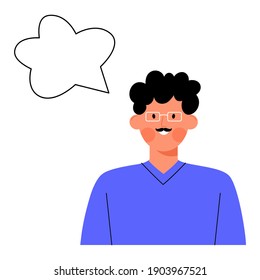 Male character with a mustache and glasses, blank speech bubble - Young man making announcement, thinking - Social media, virtual relationship - Space for text - Flat vector illustration isolated