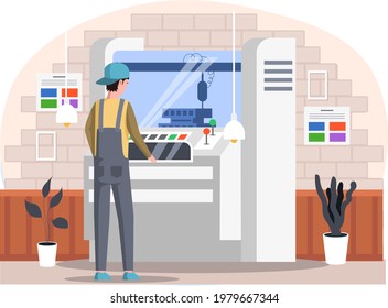 Male character near professional equipment for print house. Worker prints on large machine. Employee works with industrial printer computer control panel. Man works with typography computer system