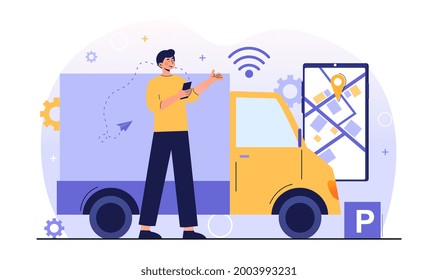 Male Character Near Truck Connected Into Platoon With Connectivity Technologies. Concept Of Truck Platooning, Autonomous Driving Trucks, Modern Logistics Technology. Flat Cartoon Vector Illustration