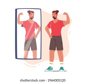 El personaje masculino necesita ayuda psicológica, baja autoestima, aversión y concepto de ira. Un atleta furioso muestra a los músculos como espejo y ve un débil reflejo de su cuerpo. Ilustración del vector de dibujos animados