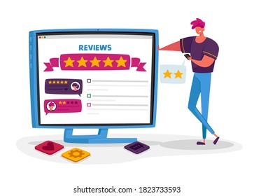 Male Character Negative User Experience Online Review. Displeased Client Leave Bad Feedback for Internet Services. Ranking Evaluation and Rating Classification Concept. Cartoon Vector Illustration