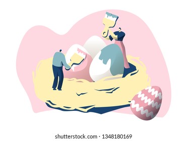 Male Character in Nest Decorate Egg with Paintbrush Happy Easter Colorful Poster. Traditional Religious Spring Celebration Concept. Design Postcard. Flat Cartoon Vector Illustration