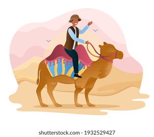 Male character is offering to ride camels through the sand dunes in the desert. Concept of camel caravan excursion in Egypt. Flat cartoon vector illustration