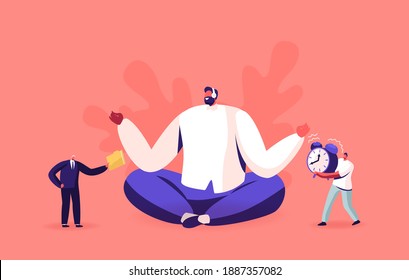 Male Character Office Worker Meditating at Workplace. Relaxed Businessman in Lotus Position Doing Yoga in Messy Office Ignoring Problems. Calm Employee Break, Zen. Cartoon People Vector Illustration