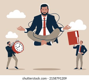 Male Character Office Worker Meditating at Workplace. Relaxed Businessman in Lotus Position Doing Yoga in Messy Office Ignoring Problems. Calm Employee Break, Zen.
