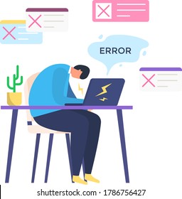 Male character office worker overtime activity, man made error business task management, isolated on white, flat vector illustration. Freelance workplace, clerk work make professional mistake.