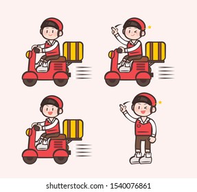 Male character on delivery by motorcycle. Cute style figures illustration. Vector EPS10